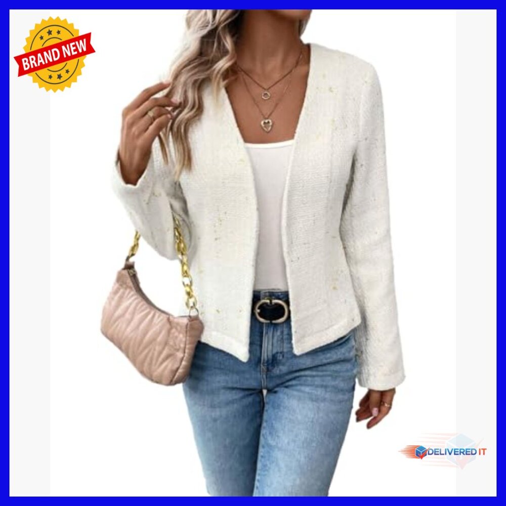 Women's Tweed Blazer Jacket Collarless Open Front Slim Fit Work Casual - Picture 3 of 7